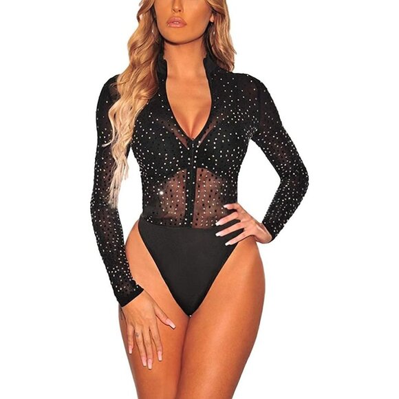 𝅺SEXY Sheer Mesh V neck See Through Leotard Bodysuit Long Sleeve Stretchy NWT - Picture 1 of 7